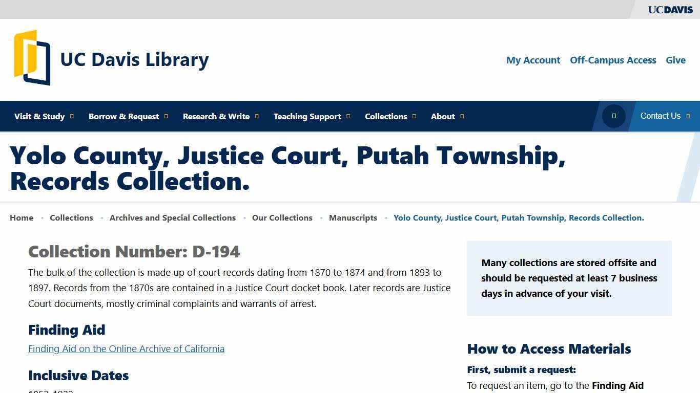 Yolo County, Justice Court, Putah Township, Records Collection. – UC Davis Library